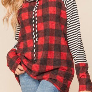 Red & Black Brushed Waffle Plaid Turtleneck Blouse